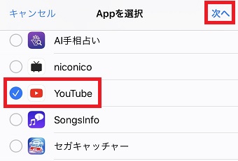 「YouTube」をタップし右上の「次へ」をタップ