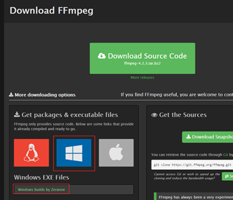 「Get packages & executable files FFmpeg 」にあるWindows アイコンにカーソル合わせる→[Windows builds by Zeranoe]をクリック