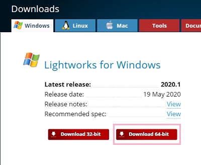Lightworks公式サイトにアクセス→「Download 64-bit」ボタンをクリック