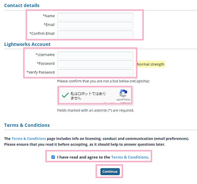 「Contact details」項目を入力して「Continue」をクリック