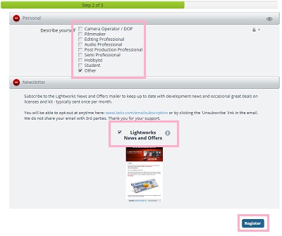「Personal」項目を入力して「Register」をクリック
