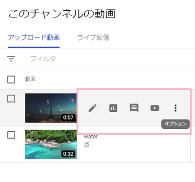 メニューの「動画」をクリック→詳細を確認したい動画にマウスカーソルを乗せ、アイコンをクリック
