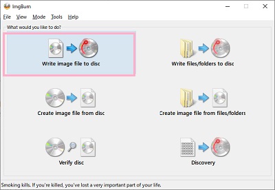 ImgBurnを起動→「Write image file to disc」からBINファイルとCUEファイルを指定してディスクに焼く