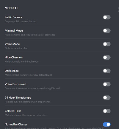BetterDiscordの設定画面