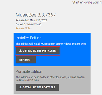 「Installer Edition」の[GET MUSICBEE INSTALLER]をクリック