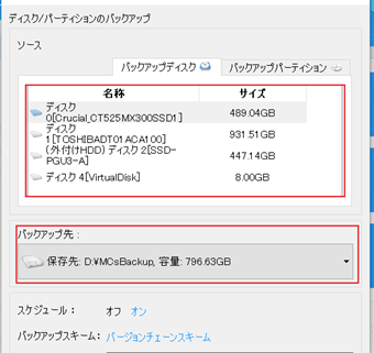 バックアップするディスクドライブとバックアップ先のドライブを選択