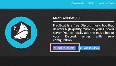 FredBoatの公式サイトにアクセスし、「Add to Discord」ボタンをクリック
