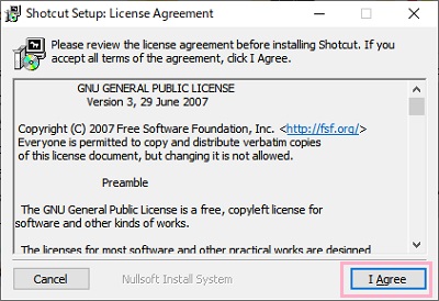 ライセンス契約書の表示画面で「I Agree」をクリック