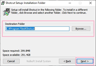 インストール先フォルダを指定して「Next」をクリック