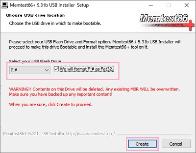 「Choose USB drive location」画面で「Select your USB Flash Drive」のプルダウンメニューからUSBメモリのドライブを選択→チェックボックスをオンにする