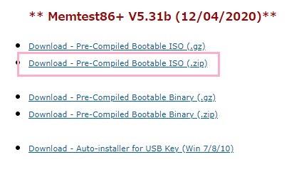 Memtest86+のダウンロードページにアクセスし、「Memtest86+ V5.31b」の「Download - Pre-Compiled Bootable ISO (.zip)」をクリック