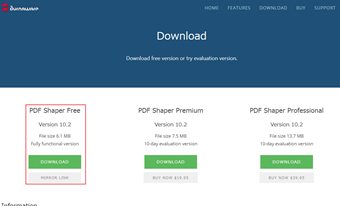 公式サイトにアクセスし、[PDF Shaper Free]項目の[DOWNLOAD]をクリック