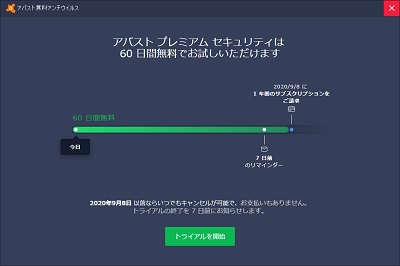 「アバストプレミアムセキュリティは60日間無料でお試しいただけます」画面