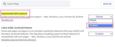実験機能の設定画面の検索フォームに「Experimental QUIC protocol」と入力→プルダウンメニューから「Disabled」を選択してGoogle Chromeを再起動