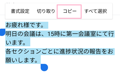 メニューの「コピー」をタップ