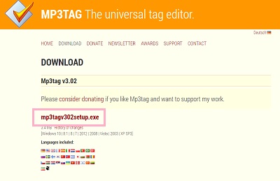 MP3tagの公式ページの「mp3tagv302setup.exe」をクリック