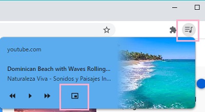「音楽、動画、その他のメディアを操作します」ボタンをクリック→「ピクチャーインピクチャーを開始」ボタンをクリック