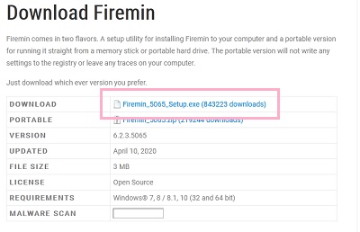 Fireminダウンロードページの「DOWNLOAD」に表示されているダウンロードリンクをクリック