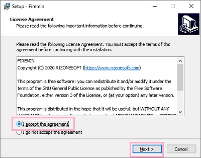 「I accept the agreement」のボタンをクリックしてから「Next」をクリック→「Install」をクリック