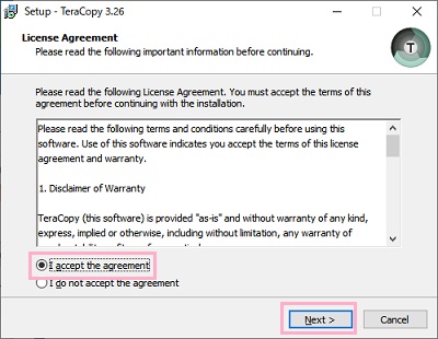 ライセンス契約画面で「I accept the agreement」をクリック→「Next」をクリック