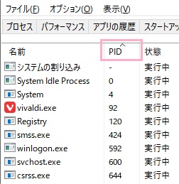 PIDの項目をクリックしてPIDを昇順でソート
