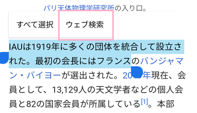コピペしたい文章を選択してから「ウェブ検索」をタップ