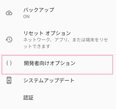 設定アプリの「システム」の「開発者向けオプション」をタップ