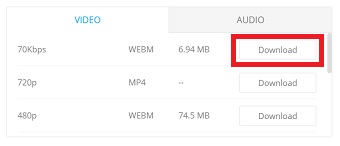 ダウンロードしたい動画サイズを選択する