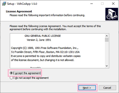 「License Agreement」画面の「I accept the agreement」をクリック→「Next」をクリック