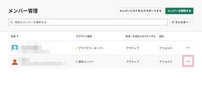 ワークスペースのメンバー管理画面のメンバーの右側のメニューボタンをクリック