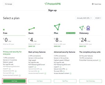 無料プランおすすめプラン一覧の画面で[Get Free]を選択