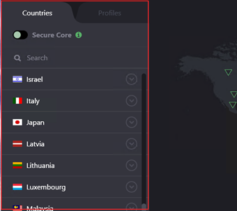 リストから接続先の国を選択
