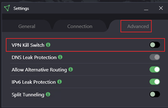 タブを[Advanced]に切り替えて[VPN Kill Switch]をオンにする