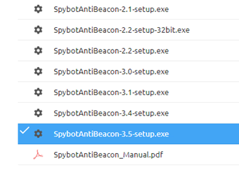 ダウンロードページの「SpybotAntiBeacon-X.X-setup.exe」をクリック