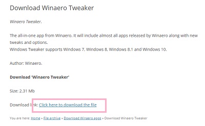Winaero Tweaker公式サイトのダウンロードリンクをクリック