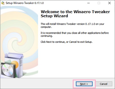 Winaero Tweakerのセットアップウィザードの「Next」をクリック