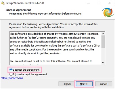 「License Agreement」の画面の「I accept the agreement」を選択→「Next」をクリック