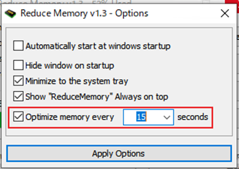 「Optimize memory every」のチェックを外す