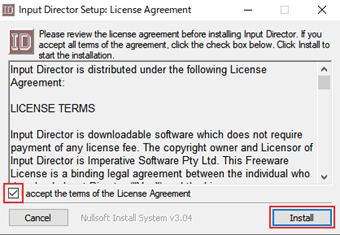 ライセンス同意画面の[I accept the terms of the License Agreement]にチェックを入れて[Install]をクリック