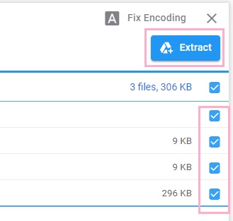 ZIP Extractorのzipファイルの中身一覧のファイルのチェックボックスをオンにしてから「Extract」ボタンをクリック