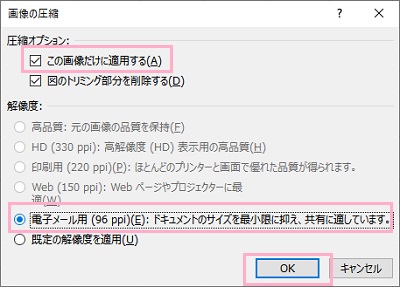「画像の圧縮」ウィンドウ