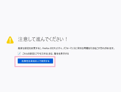 「注意して進んでください!」画面の「危険性を承知の上で使用する」ボタンをクリック