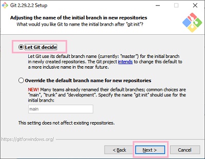 「Let Git decide」を選択して「Next」をクリック
