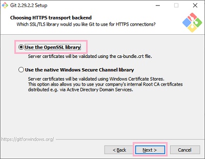 「Use the OpenSSL library」を選択して「Next」をクリック