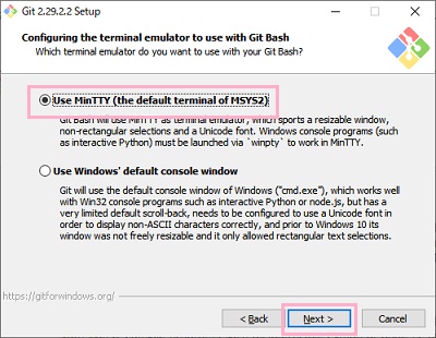 「Use MinTTY (the default terminal of MSYS2)」を選択して「Next」をクリック