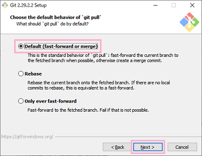 「Default(fast-forward or merge)」を選択して「Next」をクリック