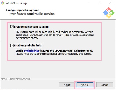 「Enable file system caching」・「Enable symbolic links」のチェックボックスをオンにして「Next」をクリック
