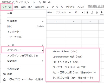ページ上部のメニュー一覧から「ファイル」「ダウンロード」のサブメニューを表示