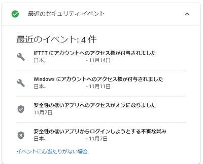 「最近のセキュリティイベント」項目