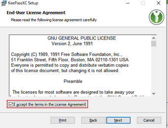 [I accept the terms in License Agreement]にチェックを入れて[Next]をクリック